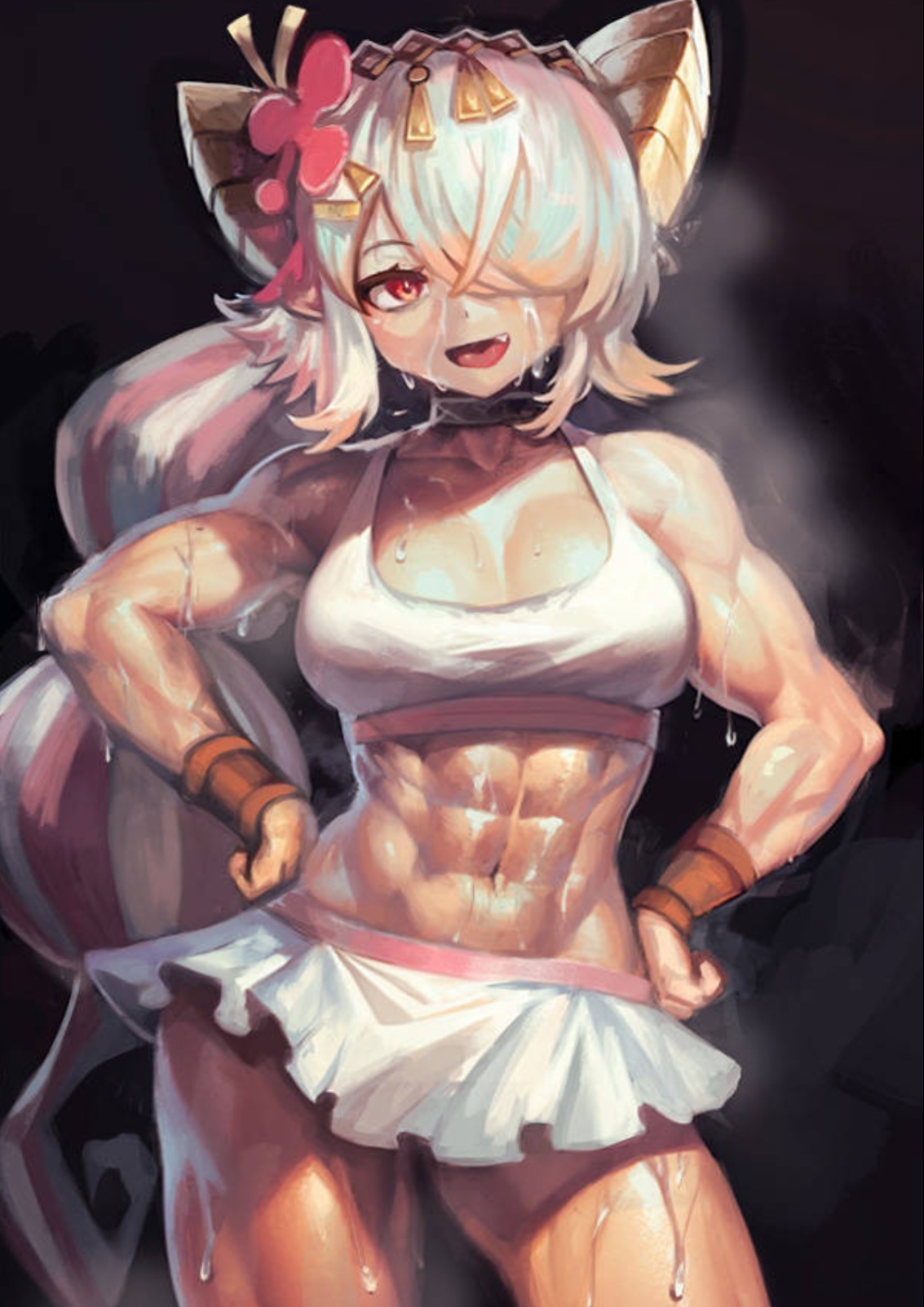 Muscular female character, anime style, sweat, workout